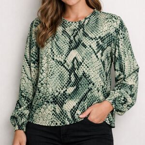 Worthington Women's Snake Print Blouse Green Long Sleeve Size S